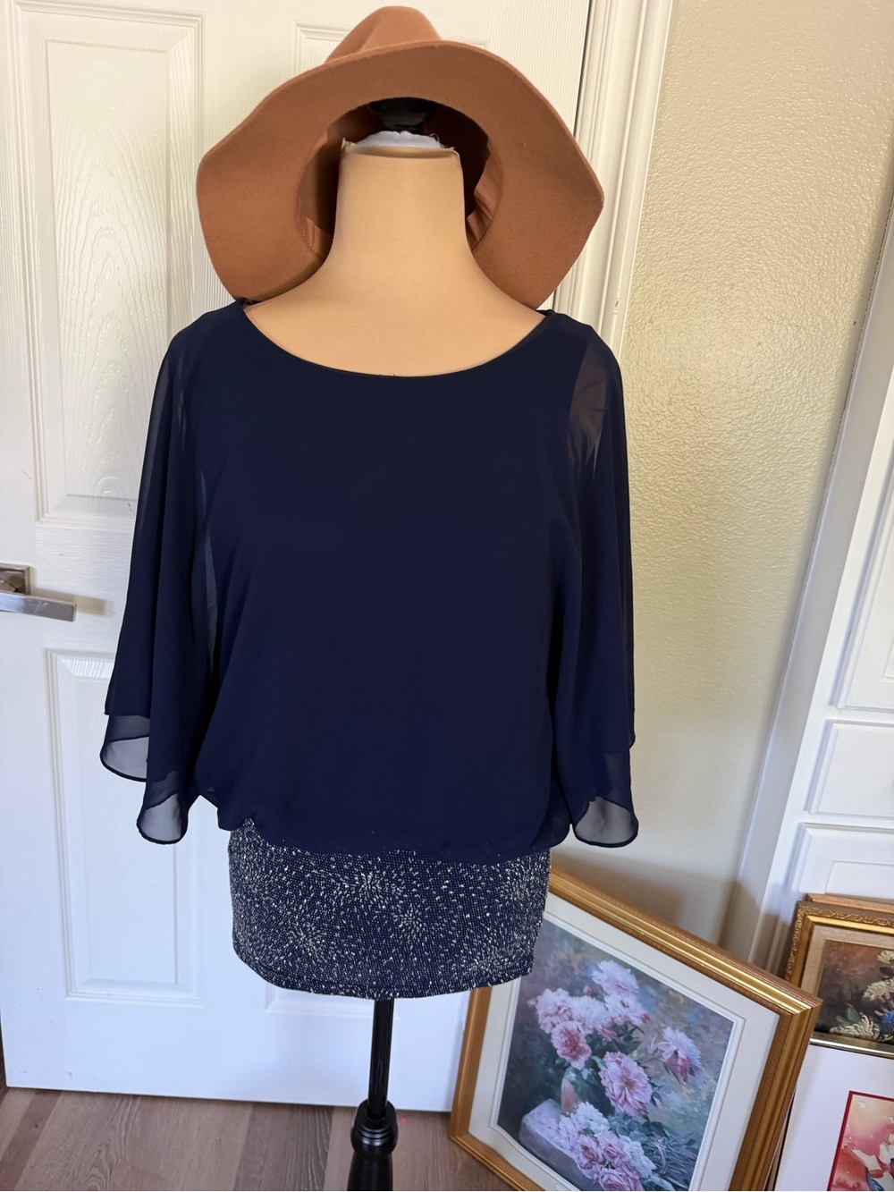 Navy Chiffon sheer cape sparkle banded waist Y2K- Women's Top